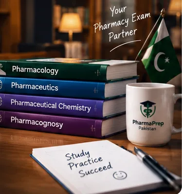 Pharmacy textbooks, a Pakistan flag and a PharmaPrep mug on a study desk.