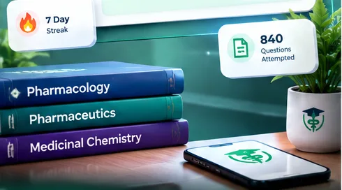 Pharmacy textbooks and a phone showing the PharmaPrep app, with streak and questions-attempted cards.