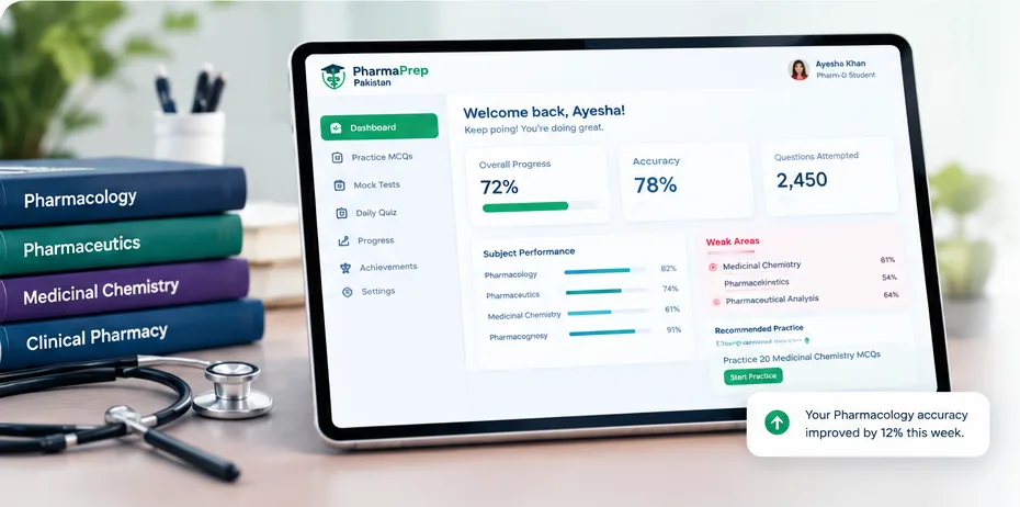 The PharmaPrep dashboard showing overall progress, accuracy, subject performance and flagged weak areas.