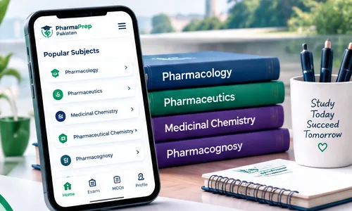 The PharmaPrep subject list open on a phone beside a stack of pharmacy textbooks.